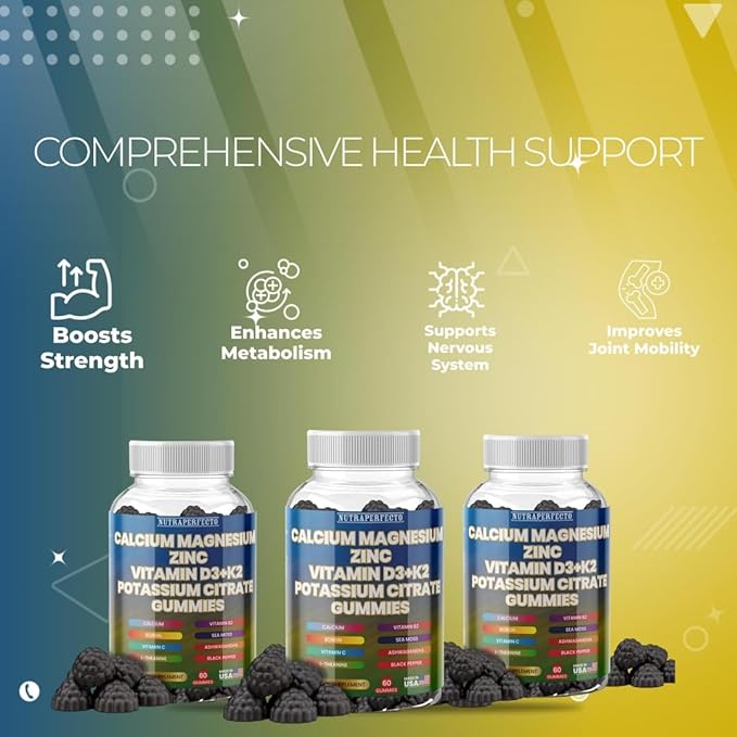 Sugar Free Calcium Gummies for Kids & Adults Citrate Magnesium Glycinate Potassium Vitamin D3 K2 B2 B6 C Irish Sea Moss Ashwaghanda L-Theanine Boron Zinc Gummies for Muscles, Cellular Energy