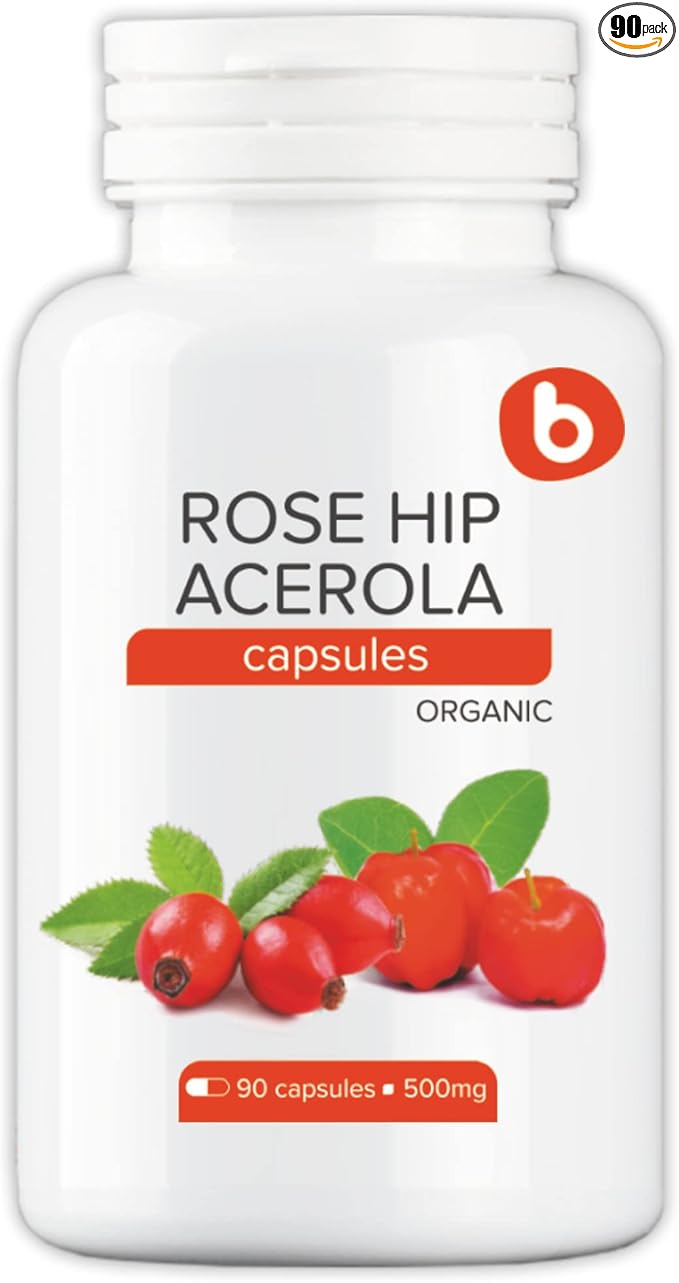 b Organic Rose HIPS Capsules & Acerola Vitamin C 1000mg - Plant Based Vitamin C Supplement Without Ascorbic Acid - Supports Overall Wellness - GMO-Free, Gluten-Free, 90 Vegan Capsules