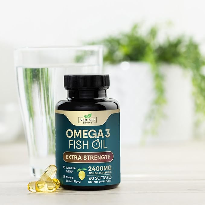 Triple Strength Omega 3 Fish Oil Supplement, EPA & DHA Fish Oil Omega 3 Essential Fatty Acids Supplement Softgels, 2400 mg Brain & Heart Health Support Supplements, Gluten Free, Non-GMO, 60 Softgels