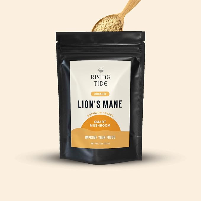 Rising Tide Organic Lions Mane Mushroom Powder - Highly Concentrated and Packed with Nourishing Compounds to Boost Focus, Creativity, and Memory - 4 OZ Vegan, Non-GMO Lions Mane Extract Powder