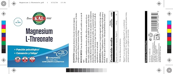 KAL Think Magnesium L-Threonate 2000 mg | Learning, Brain Health & Memory Function Support w/Magtein | Vegan, No Gluten & Non-GMO | 60 Tablets