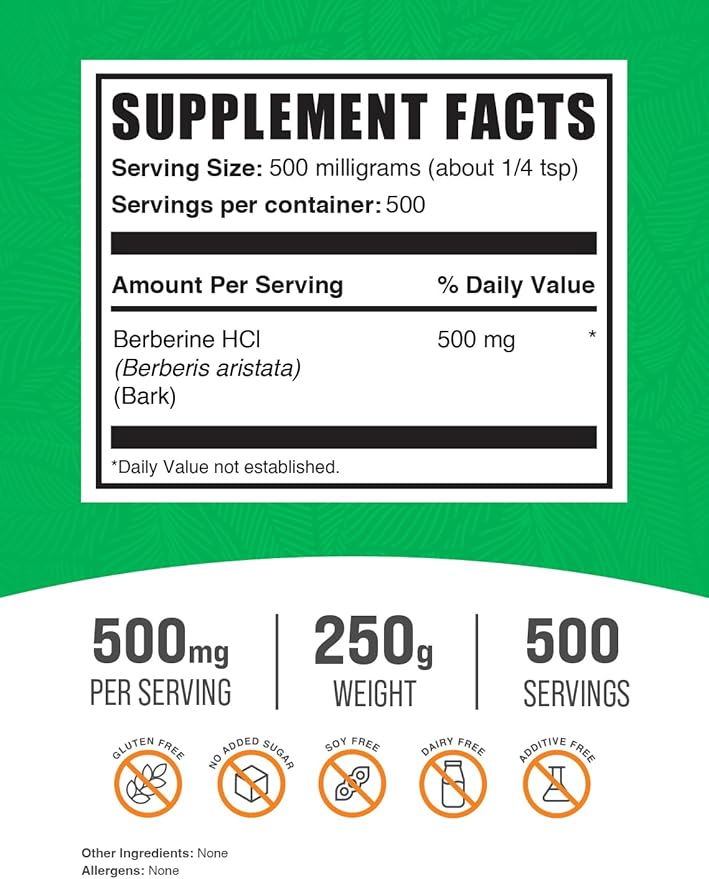 BulkSupplements.com Berberine HCl Powder - Berberine Supplement, Berberine 500mg, Berberine Powder - Gluten Free, 500mg per Serving, 250g (8.8 oz) (Pack of 1)