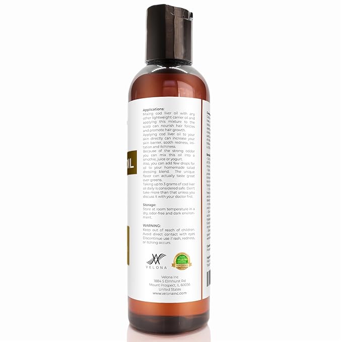 velona Cod Liver Oil - 4 Fl Oz | 1,000A/100D IU/g Omega 3 Vitamins A & D3 | Norwegian Arctic Sustainably Sourced Nordic Oil | Hair, Body and Skin Care | Use Today - Enjoy Results