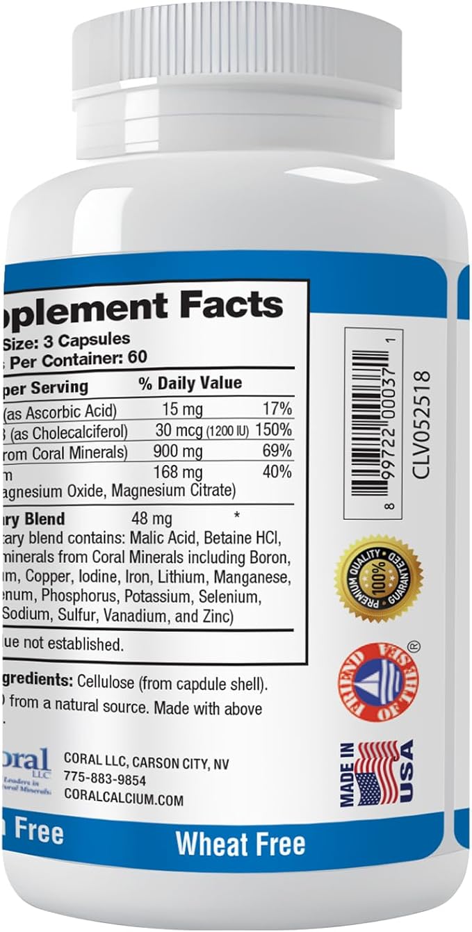 Coral Complex 3 - Coral Calcium 900 mg with Vitamin D3 1200 IU and Magnesium168 mg - 180 Vegetarian Capsules