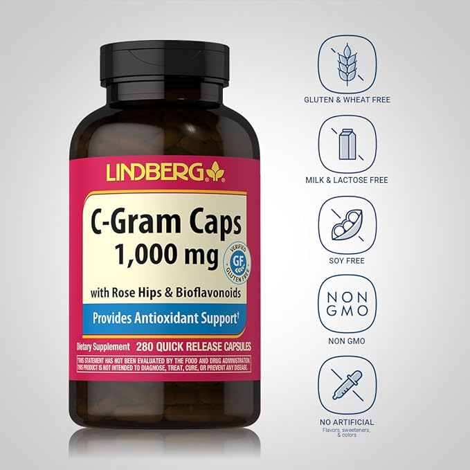 Lindberg Vitamin C 1000mg | with Bioflavonoids and Rose HIPS | 280 Capsules | Non-GMO, Gluten Free Supplement