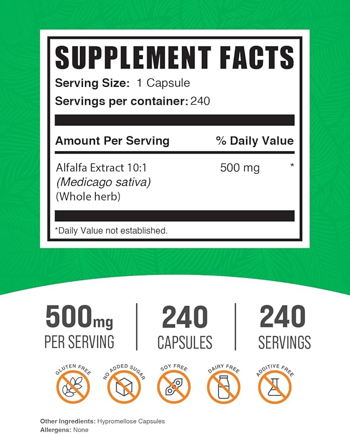 BulkSupplements.com Alfalfa Extract Capsules - Alfalfa Supplement, Green Superfood Supplement, Alfalfa Capsules - Gluten Free, 1 Capsule per Serving, 240 Veg Capsules (Pack of 1)