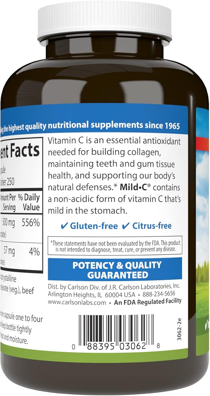 Carlson - Mild-C, 500 mg Buffered Vitamin C, Immune Support & Optimal Wellness, Antioxidant, 250 capsules