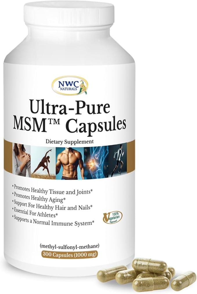 NWC Naturals Ultra-Pure MSM Capsules, 300ct Bottle, 1000mg Pure MSM for Joint Support