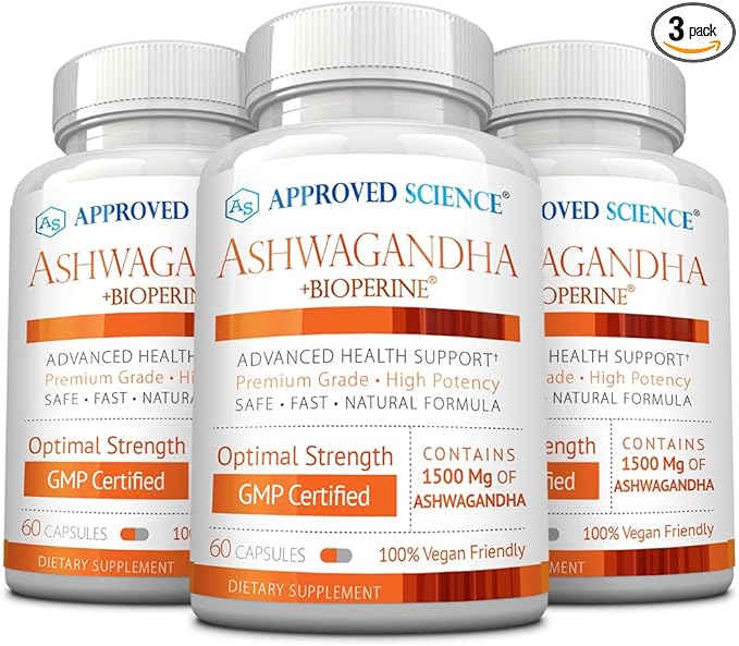 Approved Science Ashwagandha 1500mg with Bioperine® and Ginger- Boost Mood & Energy - 60 Vegan Friendly Capsules (3 Bottles)