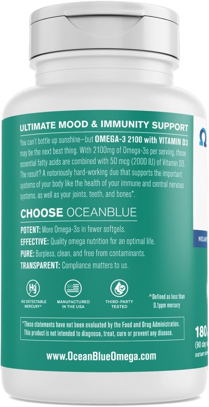 Oceanblue Professional Omega-3 2100 with Vitamin D3 – 180 ct – Triple Strength Burpless Fish Oil Supplement with High-Potency EPA, DHA, DPA – Wild-Caught – Orange Flavor (90 Servings)