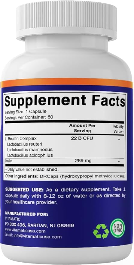 Vitamatic Lactobacillus Reuteri Complex – 22 Billion CFU per Delayed Release Capsule – 60 Capsules – Digestive & Gut Health Support – with Prebiotic Inulin Fiber
