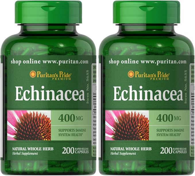 Puritan's Pride Premium Echinacea Natural Whole Herb Herbal Supplement 400mg, Dietary Supplement for Health, Immune System Support, 200 Rapid Release Capsules, 2 Pack
