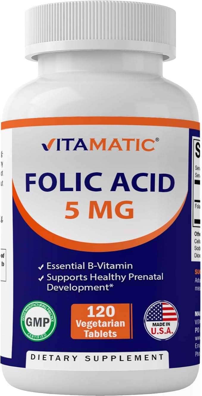 Vitamatic Folic Acid 5mg (5000 mcg) – 120 Vegetarian Tablets per Bottle | Pack of 2 (Total 240 Tablets) Vitamin B9 (Folate) | Supports Heart Health, Brain Function, and Prenatal Wellness