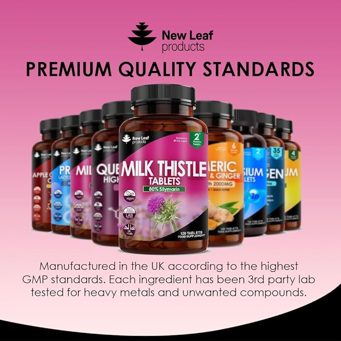 New Leaf Products Milk Thistle 1000mg Tablets (4 Month Supply) High Strength 2000mg 80% Silymarin, Vegan Tablets, GMO-Free, Gluten-Free 120 Tablets