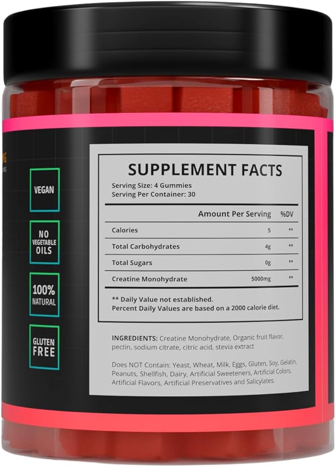 Sugar Free Creatine Monohydrate Gummies 5g, 5000mg for Men & Women, Strawberry - 120 Count, Pre Workout Chews for Energy Boost, for Building Muscle and Strength, Vegan, Non-GMO, Java