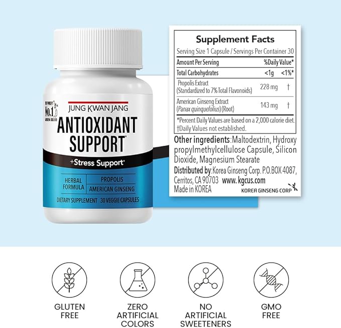 JungKwanJang Antioxidant Support Blend - Boost Immunity and Energy with Propolis (229mg) and American Ginseng (143mg), 30 Capsules for Men and Women