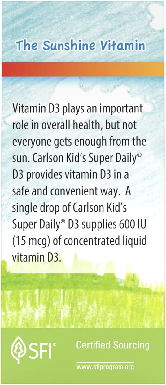 Carlson - Kid's Super Daily D3, Kids Vitamin D Drops, 600 IU (15 mcg) per Drop, Vegetarian, Liquid Vitamin D Drops for Kids, Unflavored, 90 Drops (2.54 mL)