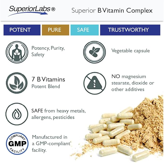 Superior Labs B Vitamin Complex - Superior Absorption - 100% NonGMO Safe from Additives, Stearates, Gluten and Other Allergens - Regulate Digestive System and Support Metabolism - 60 Vegetable Caps