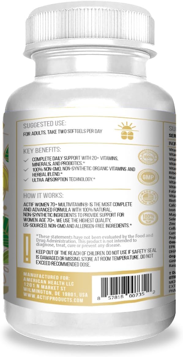 ACTIF Organic Multivitamin for Women Age 70+ with 20+ Advanced Factors and Omega-3 Oil, Non-GMO, Made in USA, 90 Count RealCaps