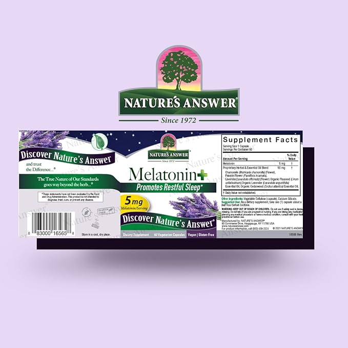 Nature's Answer Melatonin 5mg 60-Capsules | Promotes Restful Sleep | Melatonin + Essential Oils Lavender Calms and Relaxes | Single Count