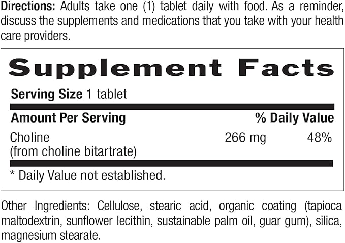Country Life Choline 266mg, Certified Gluten Free, Certified Vegan, Certified Halal - 100 Tablets