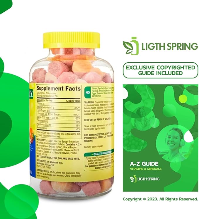 Calcium Plus Vitamin D, Adult Gummies, 500 mcg, 1000 IU, Assorted Flavors, 100 Ct Bundle with Exclusive Vitamins & Minerals - A to Z - Better Ligth&Spring Guide (2 Items)