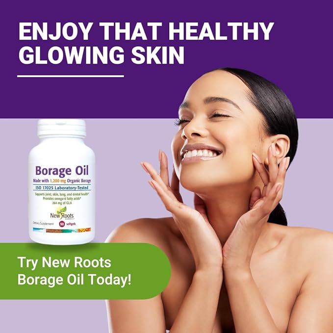 New Roots | Organic Borage Oil Supplement (1200 mg) GLA Supplement (264mg) with 444 mg of Linoleic Acid | Borage Seed Oil (90 softgels)