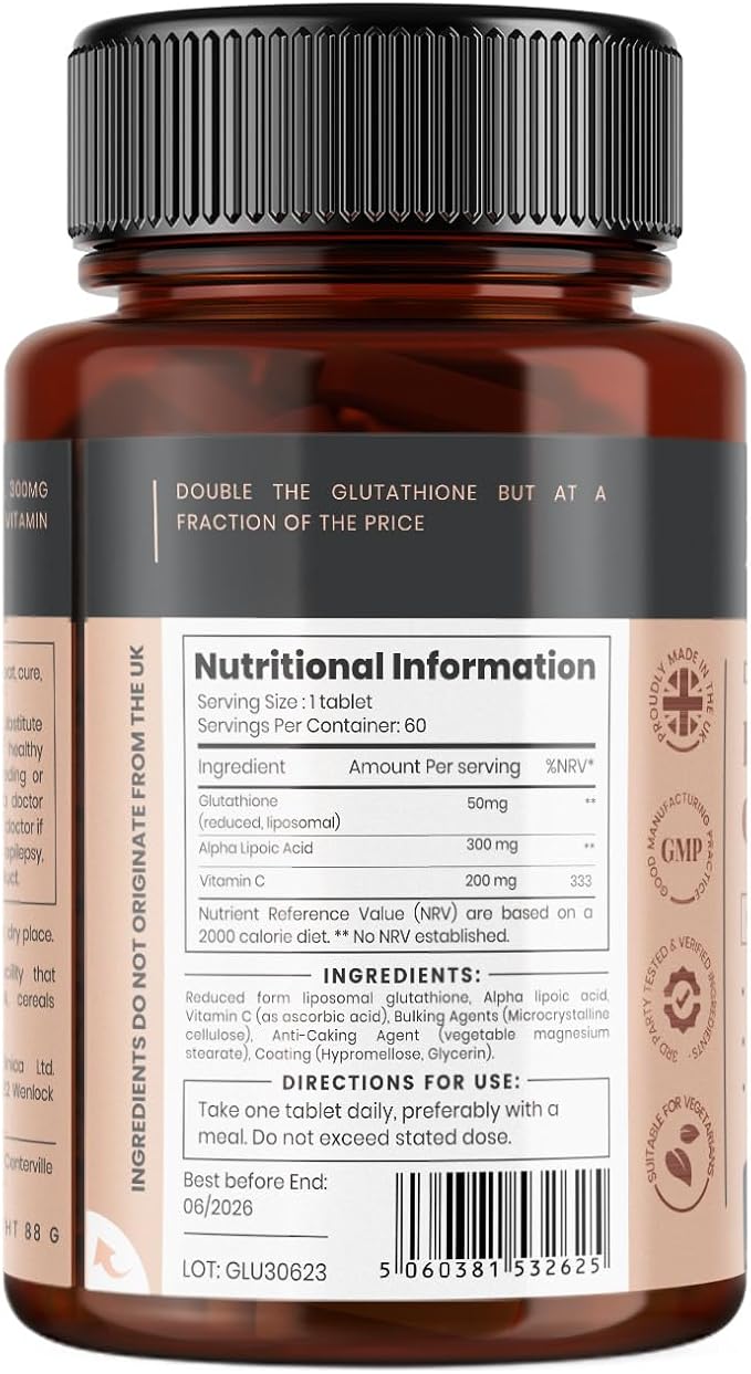 Glutathione 1000mg x 240 Tablets (4 Bottles of 60)- w/500mg Glutathione, 300mg ALA, and 200mg VIT C per Tablet