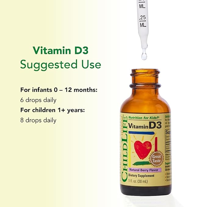 CHILDLIFE ESSENTIALS Vitamin D3 Drops for Kids, Children, & Toddlers - Liquid Vitamin D Drops, 500 IU per Drop, Immune & Bone Health Support, Natural Berry - 1 Fl Oz (Pack of 3)