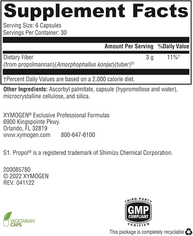 XYMOGEN OptiFiber Lean, Daily Fiber Supplement Pills - 100% Natural Soluble Propolmannan Dietary Fiber - Support Digestion, Satiety & Regularity - Serves as a Prebiotic (120 Capsules)