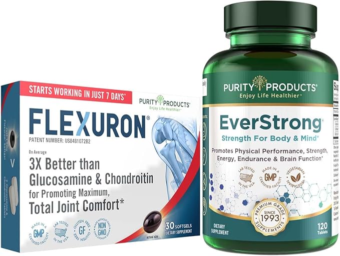 Purity Products Bundle - Flexuron Joint Formula + EverStrong Tablets - Flexuron - Krill Oil, Hyaluronic Acid + Astaxanthin - EverStrong- Muscle Matrix Blend w/Creatine, Coffee Fruit Extract + More