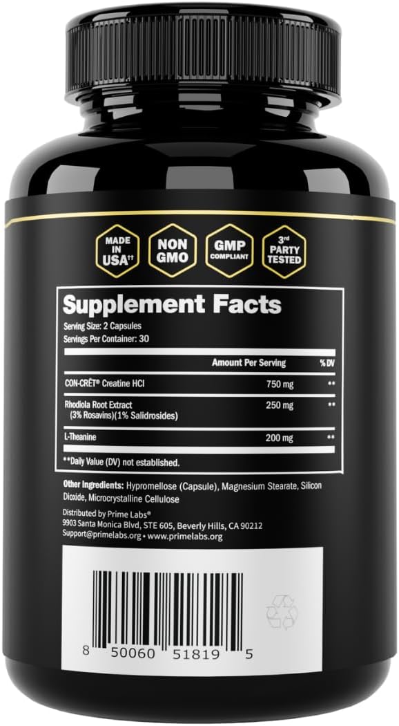Prime Labs Concrete Creatine HCl Capsules - with CON-CRĒT®, Rhodiola Root Extract, & L-Theanine - Muscle Support, Endurance, Cognitive Function - for Men & Women - 60 Count