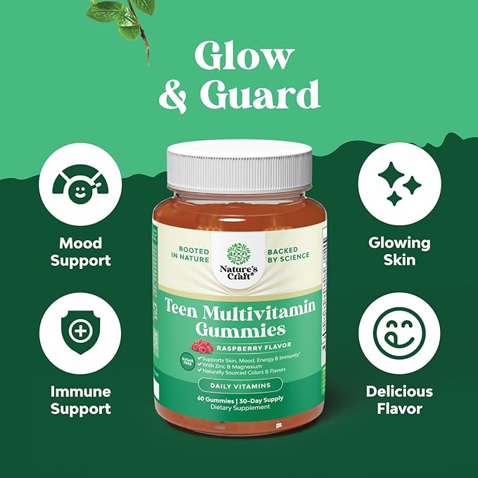 Teen Multivitamin Gummies 12-17 - Teen Boys & Girls Gummy Vitamins for Better Skin, Immune Strength, Mood & Energy Support - Teenage Girl & Boy Supplements with Zn, Mg, Vitamin A, C, D & E - 60 Ct