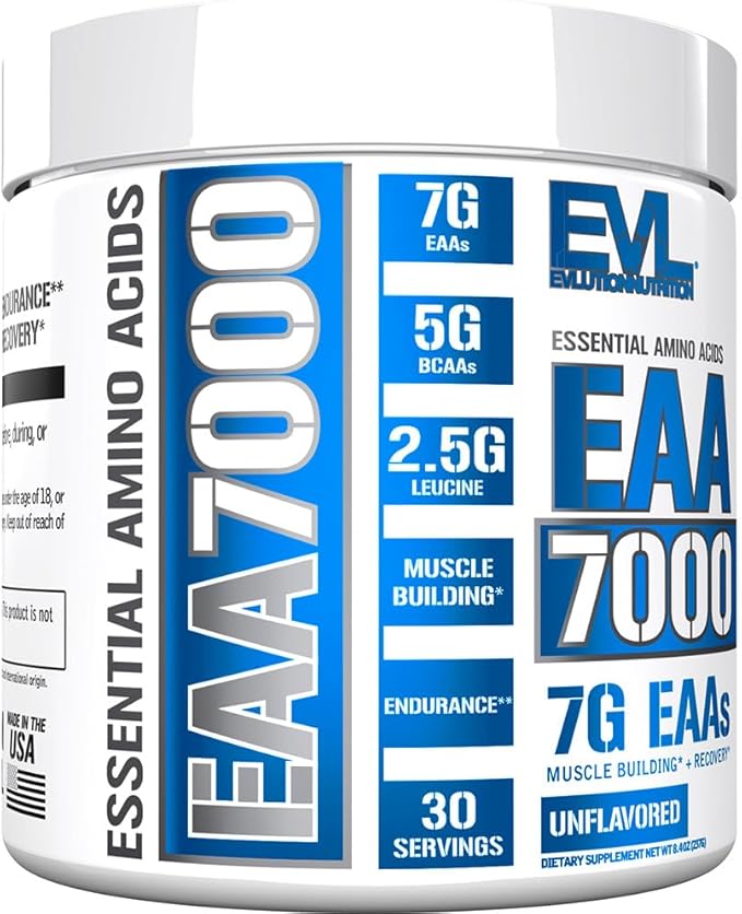 Evlution Nutrition EAA7000 - Pre & Post Workout Powder - Muscle Building + Recovery Supplement - 7g Essential Amino Acids + 5g BCAAs - Endurance + Energy Support - 30 Servings - Unflavored