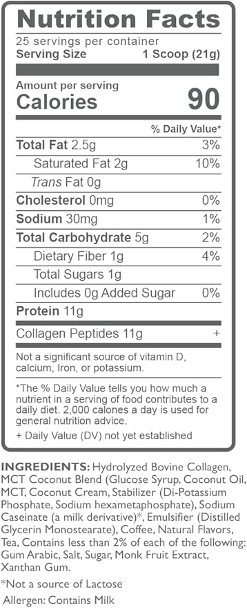 Protein Powder Combined with Premium Columbian Coffee; Grass-Fed, Non GMO, 12g Peptides, MCT Coconut Oil Powder, Soy Free, Gluten Free, Sugar Free, 40mg Caff/Srving; Chai Latte 25 Srvg