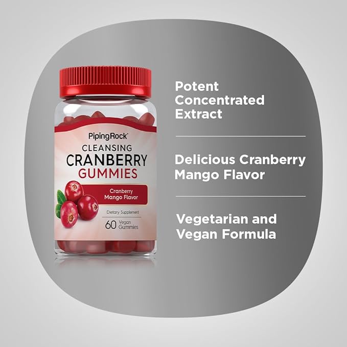 Piping Rock Cranberry Gummies | 60 Count | Cranberry Mango Flavor | Cleansing Supplement | Vegan Gummy | Non-GMO, Gluten Free