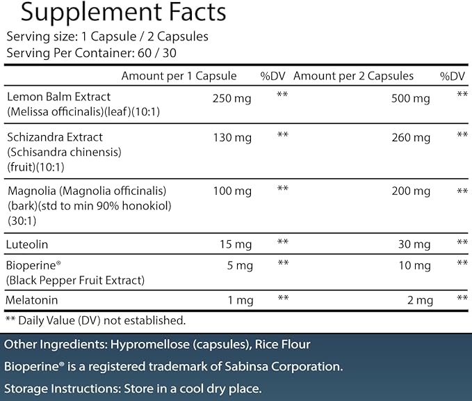 Natural Sleep Aid Tailored for Sleep – Melatonin, Lemon Balm, Magnolia Bark, Schizandra, Luteolin | Promotes Quick Sleep, Deeper Sleep, Fewer Night Awakenings, Non-Habit Forming, 60 Caps