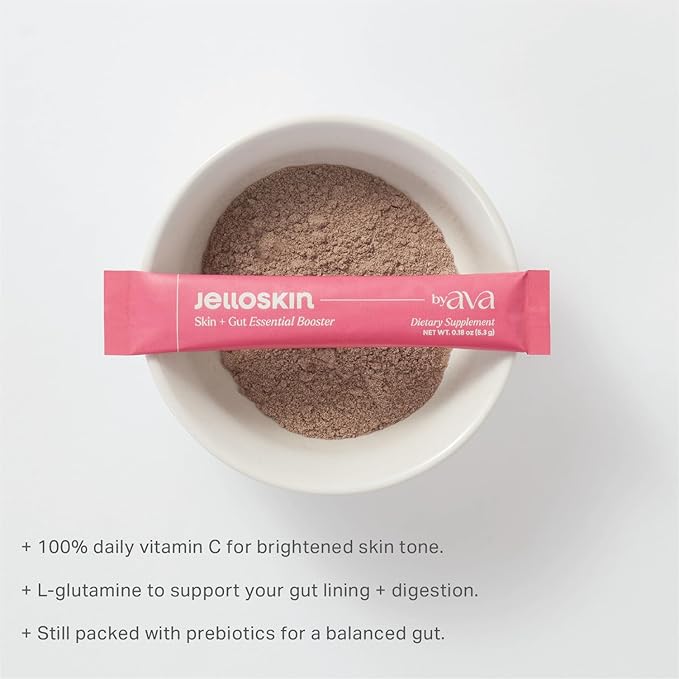 Jelloskin Skin + Gut Essential Prebiotic Booster Powder | L-Glutamine 1500mg, Vitamin C, Zinc, Niacinamide | 30 Servings | Glowing Skin, Gut Health Support | Antioxidants Camu Camu & Spirulina