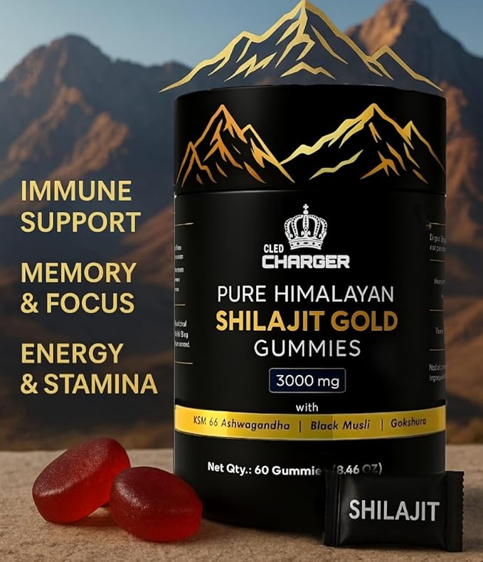 Pure Himalayan Shilajit Gummies Gold with KSM 66 Ashwagandha, Gokshura, Black Musli | Fulvic Acid & 85+ Trace Minerals | Shilajit for Men, Women | 100% Natural and Organic | 60 Gummies