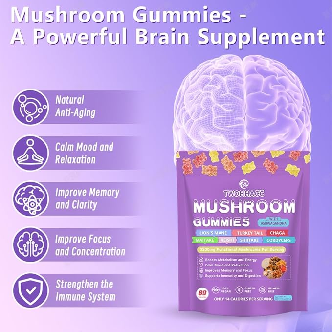 Mushroom Supplement Gummies with Ashwagandha and Lions Mane, Maitake, Turkey Tail, Reishi, Chaga, Shiitake, Cordyceps Nootropic Brain Supplement for Focus, Memory, Immune, Support and Stress Relief