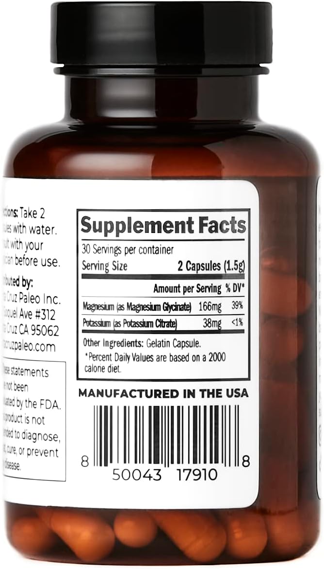 Santa Cruz Paleo Magnesium Potassium Capsules, Magnesium Glycinate and Potassium Citrate, Gluten Free, Keto, Sugar Free, Paleo, for Overall Health, Brain, Muscle, Bone and Energy Support, 60 Capsules