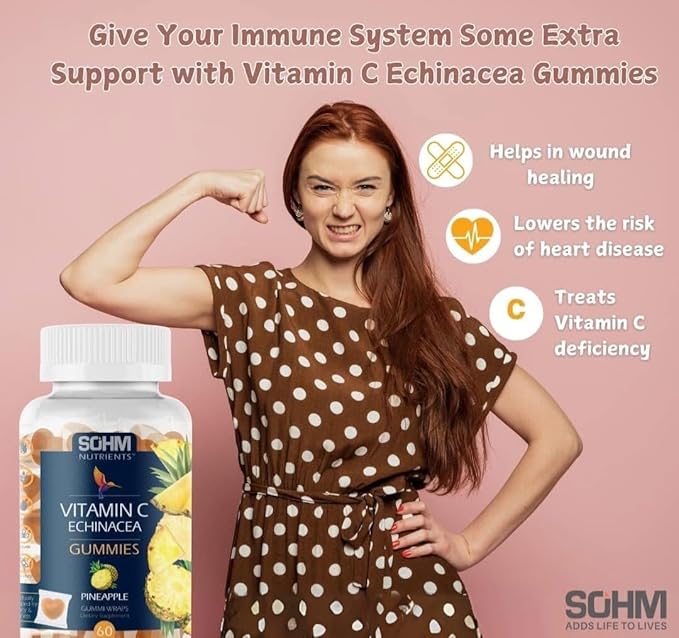 SOHM Individually Wrapped Vitamin C 60000mcg + Echinacea 10000mcg 60 Count, Supports Healthy Immune Health, Vitamin C Gummies,Echinacea Gummies Adults,Vitamin C for Men & Women Vegetarian