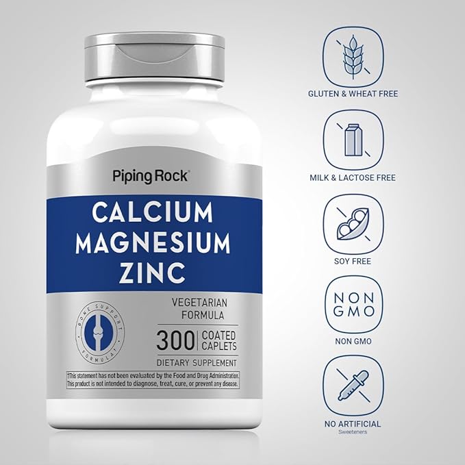 Piping Rock Calcium Magnesium Zinc Supplement | 300 Coated Caplets | Non-GMO, Gluten Free