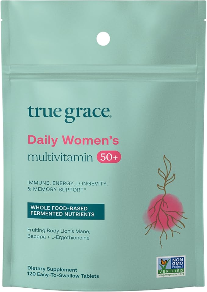 True Grace Daily Women’s Multivitamin 50+ - 120 Easy-to-Swallow Tablets - Immune, Energy, Longevity & Memory Support - Vegan - Gluten, Soy & Iron Free - 60 Servings