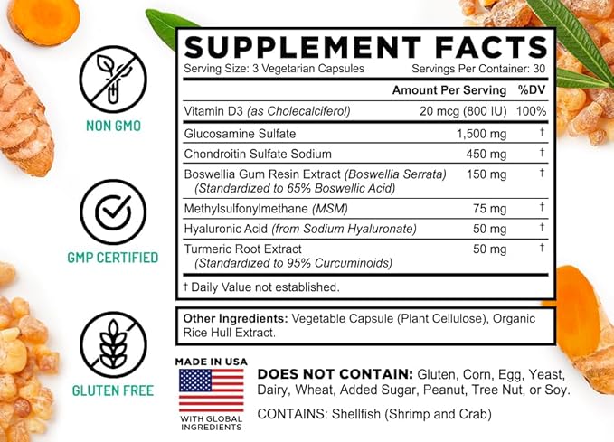 FarmHaven Glucosamine Chondroitin MSM with Boswellia, Turmeric| Added Hyaluronic Acid & Vitamin D3 | Promotes Joint & Muscle Health & Inflammation Response | Non-GMO & Gluten Free | 90 Capsules