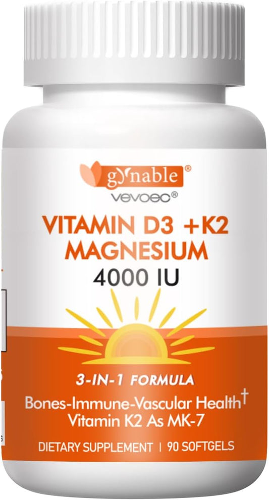 Vitamin D3 K2 4000IU with Magnesium 200mg,High Absorption Supporting Bones, Immune Support, Energy and Emotion, Gluten-Free, Sugar-Free Softgels for Women & Men,90 Softgels-Pack