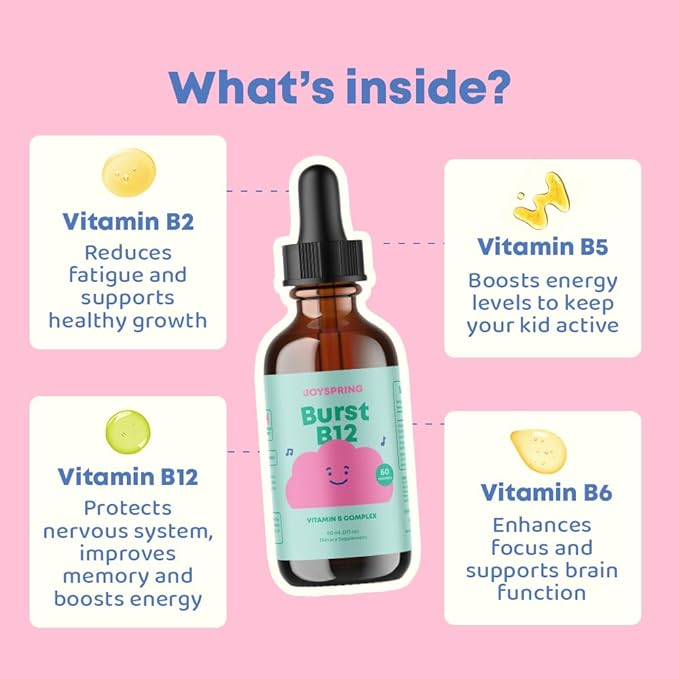 JoySpring Burst B12 Drops - Vitamin B Complex for Kids (2 fl oz) B2, B6, B5 + Methylcobalamin B12 Children Supplement to Support Healthy Growth & Development, Vegan B12, Ages 2-16+ | 60 Servings