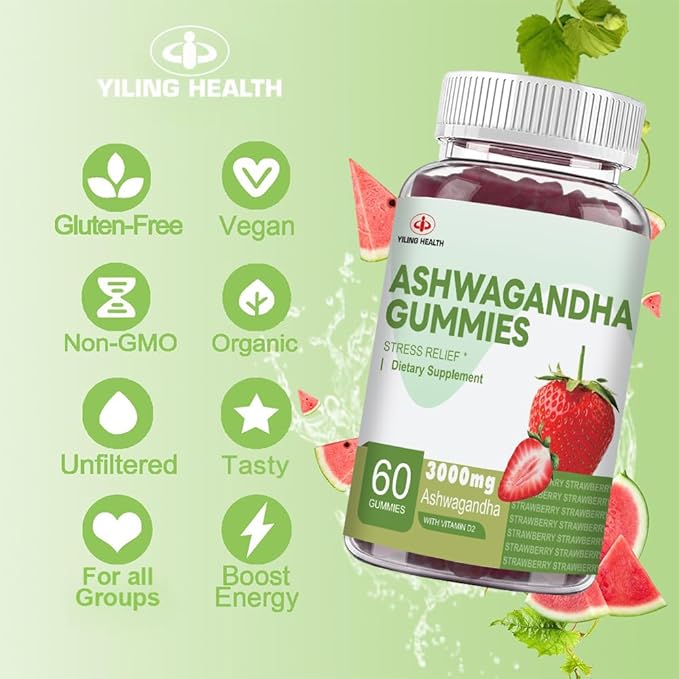YiLing Ashwagandha Gummies for Women & Men, 3000 Mg of High-Potency Ashwagandha Root Extract Boosts Energy, Improves Sleep, Relieves Stress and Calms Mood, 60 Count Strawberry Flavor Ashwagandha