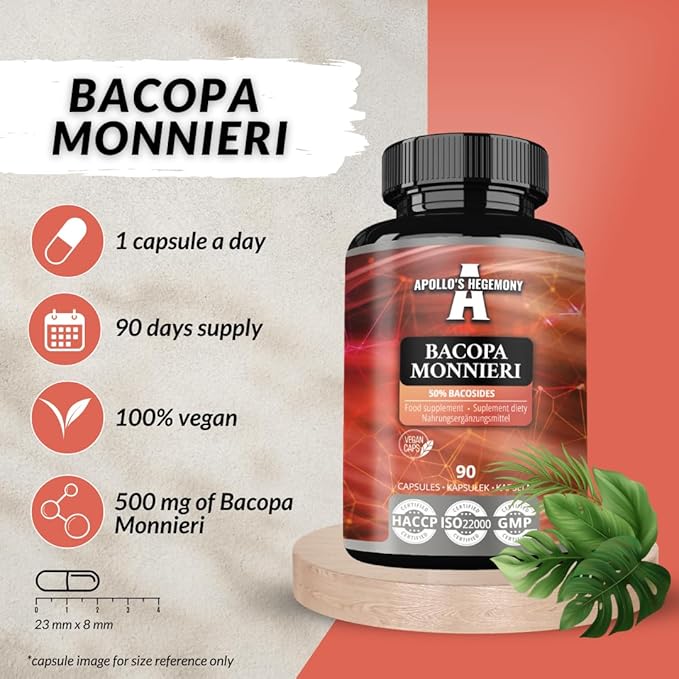 APOLLO'S HEGEMONY Bacopa Monnieri Extract 500mg, High Strength Brahmi Extract (50% Bacosides), 90 Vegan Capsules, 3 Months Supply, Herbal Supplements for Enhanced Mental Clarity and Focus