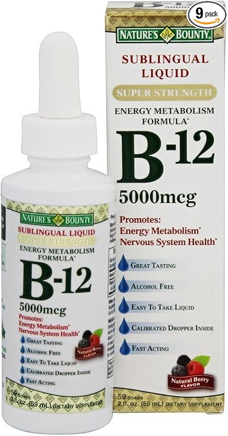 Nature's Bounty B-12 5000 mcg Sublingual Liquid Energy Health 2 oz (Pack of 9)